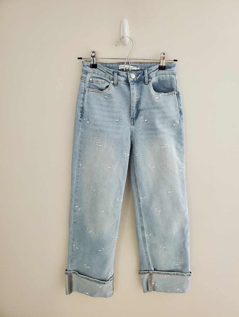 Altar'd State Straight Rolled Cuff Floral Embroidered Light Jeans Women's 25